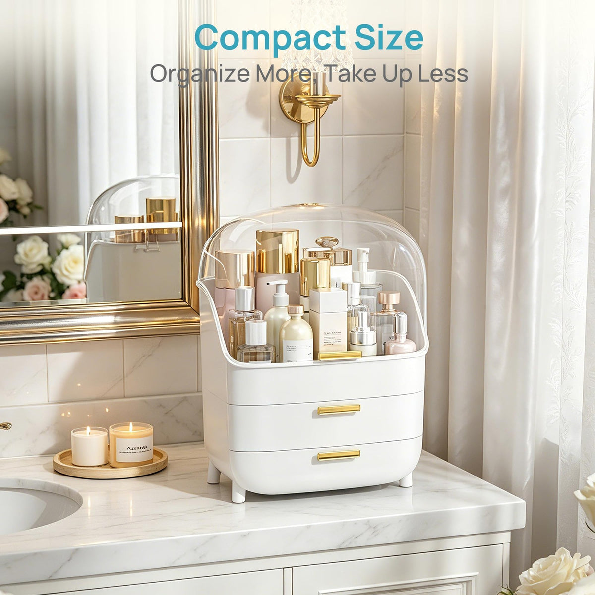 3-Tier Skincare Makeup Organizer with Drawers and Dustproof Lid - White