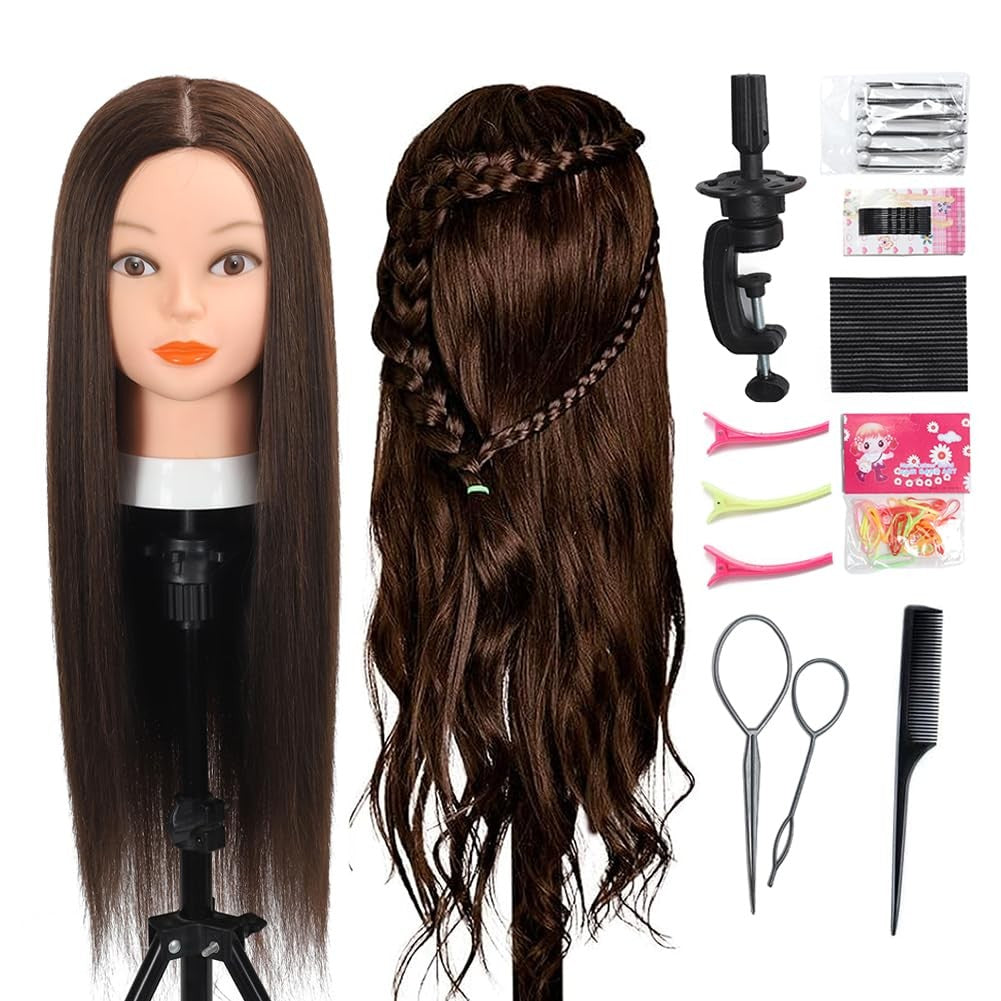 80% Human Hair Mannequin Head 26-28 Inch Dark Brown Cosmetology Doll