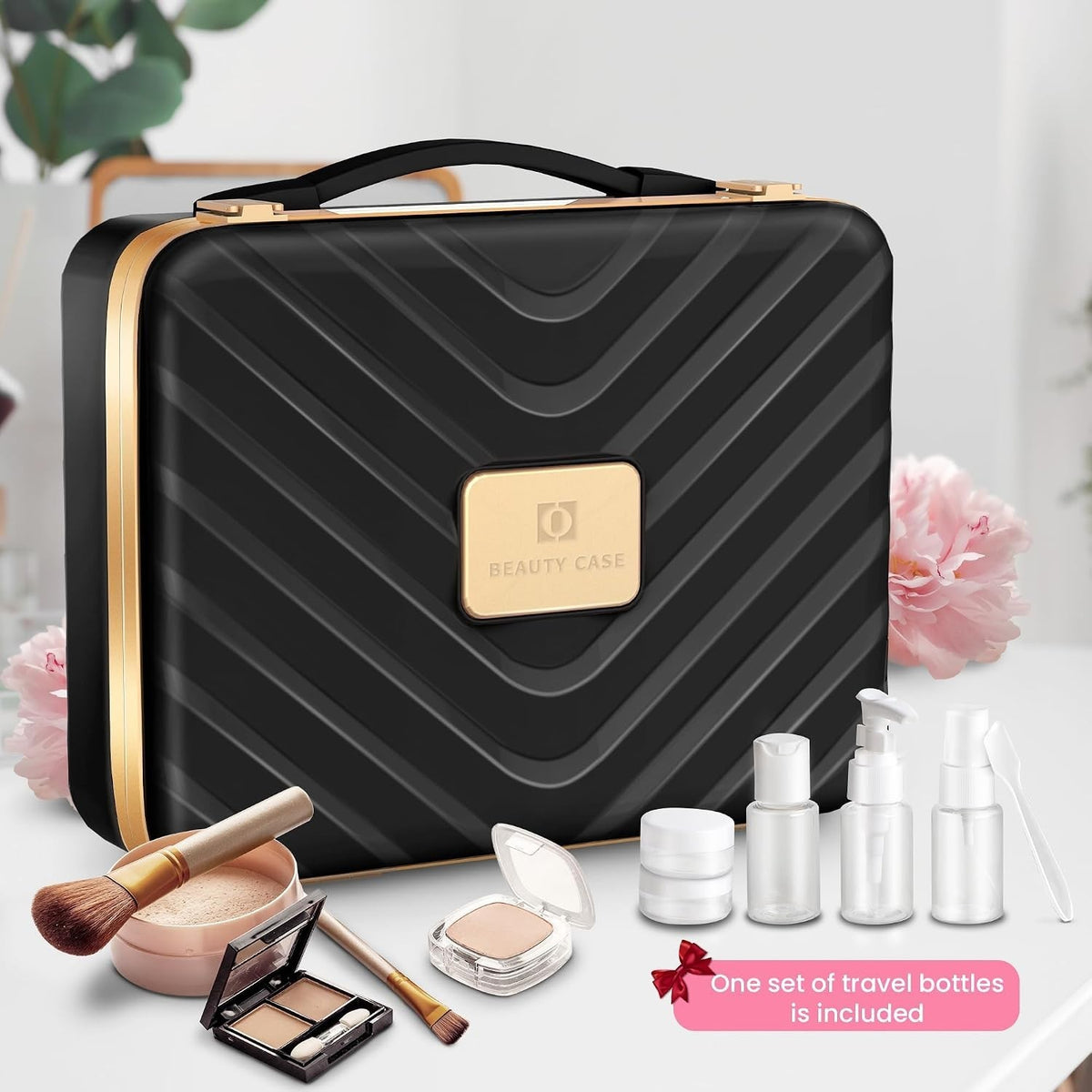 Travel Makeup Case with LED Lighted Mirror - Black, 3 Light Modes, Cosmetic Storage