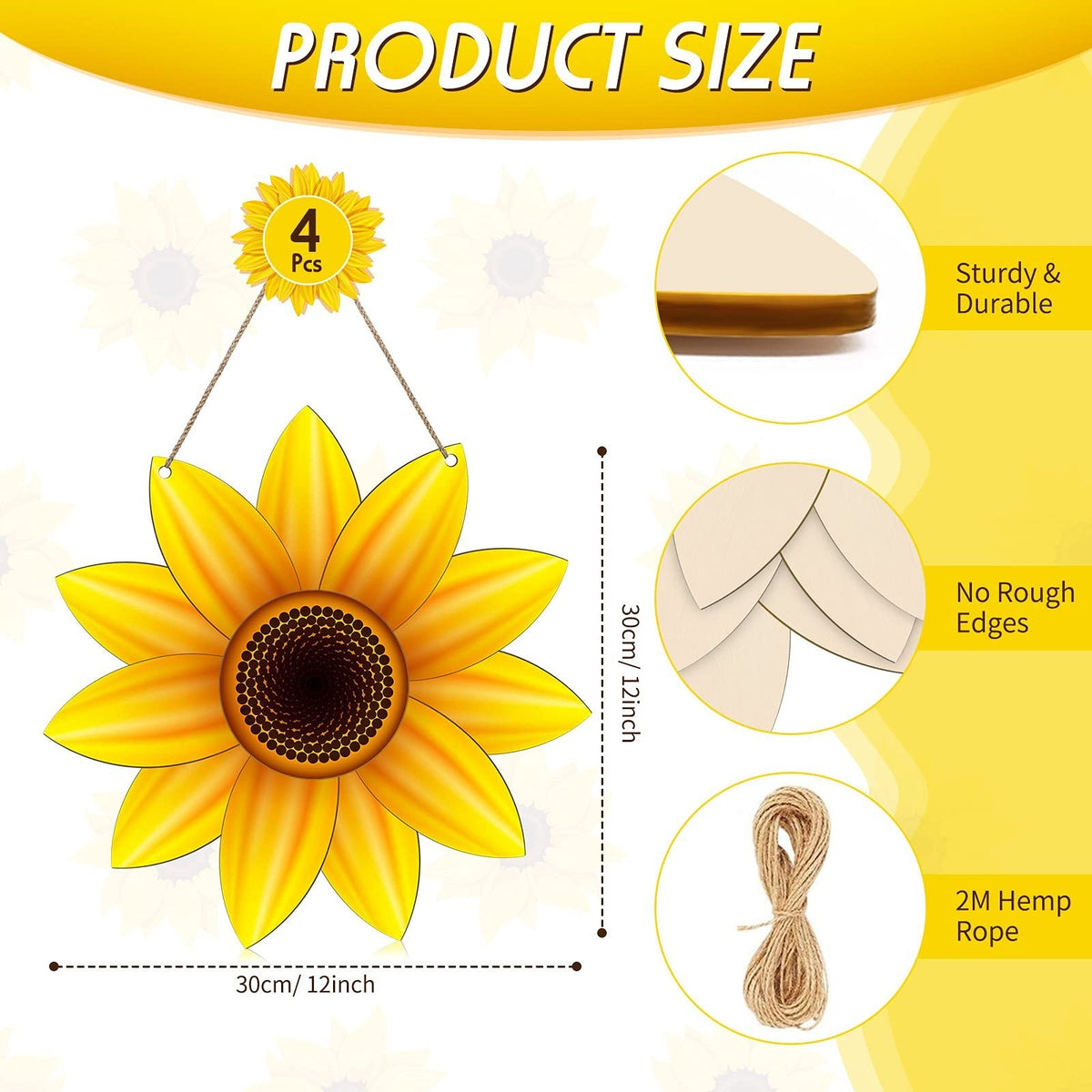Unfinished Sunflower Wood Cutouts with Natural Rope - DIY Decor Sign Set