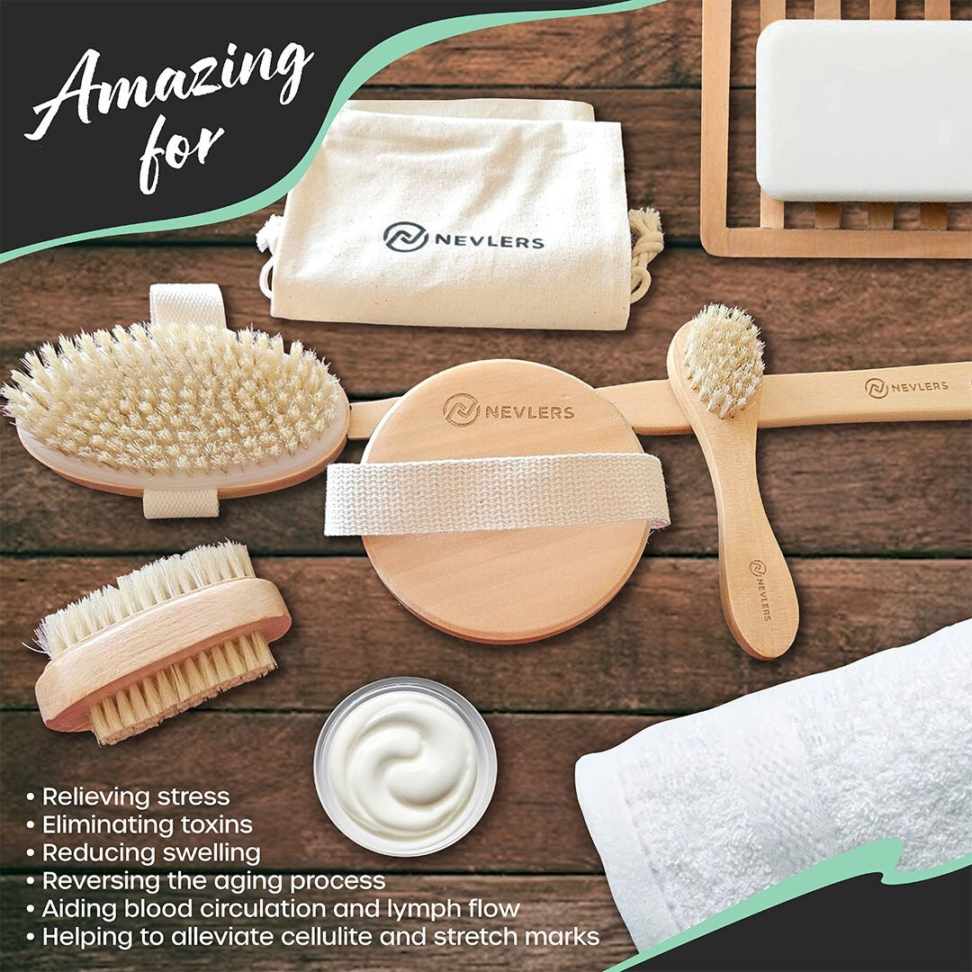 Nevlers Natural Boar Body Brush Set Cellulite Massage Dry Exfoliate