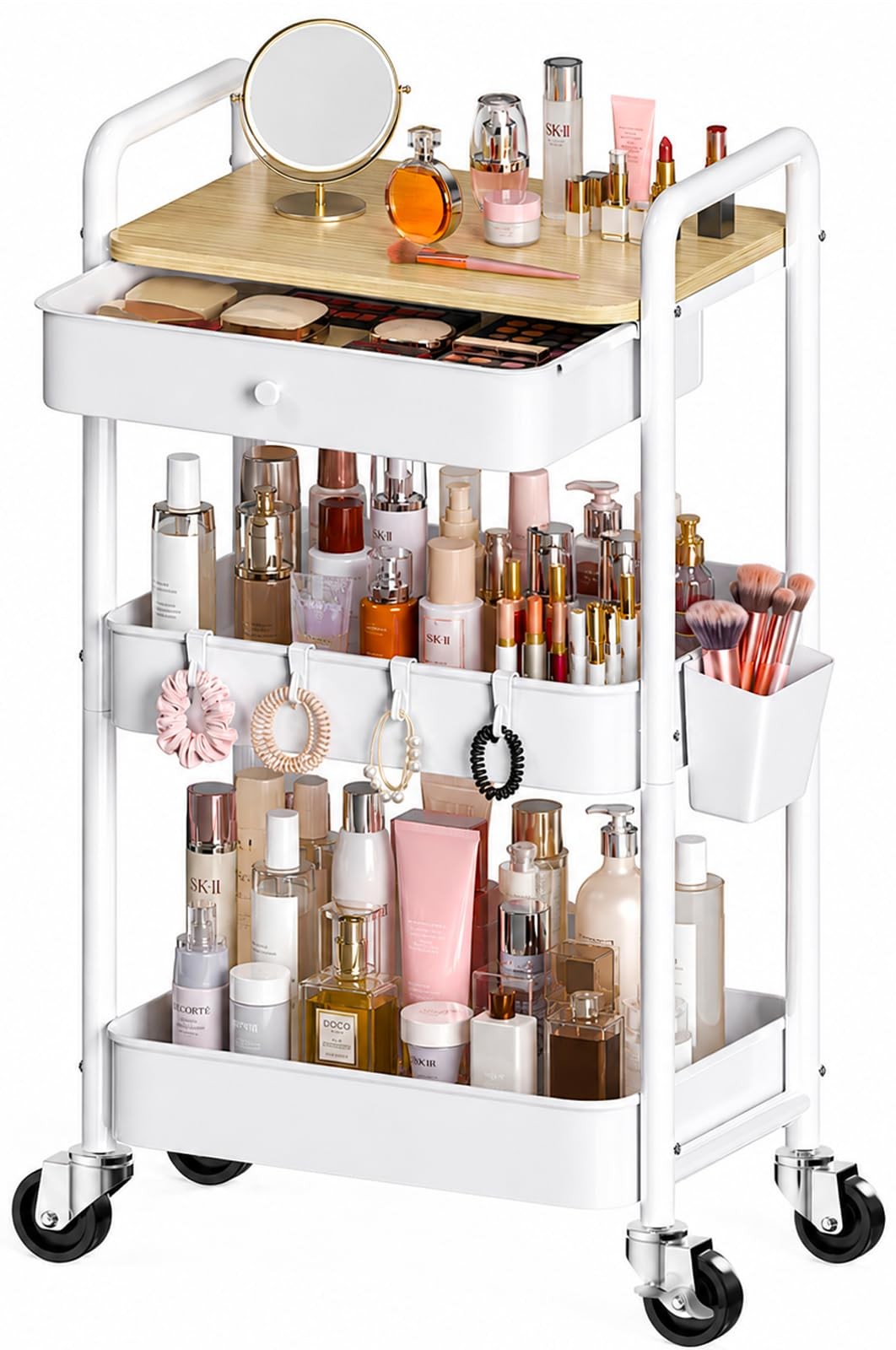 3-Tier Metal Rolling Makeup Cart with Drawers and Wheels, White, Portable Organizer