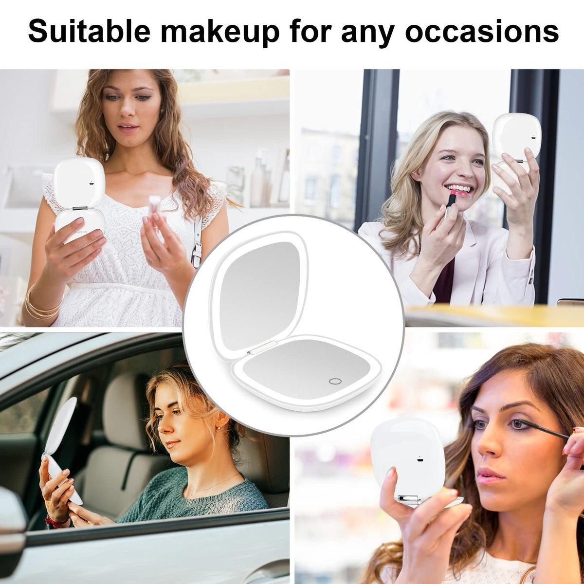 Rechargeable Lighted Compact Makeup Mirror with 1X/10X Magnification and Dimmable LED Lights