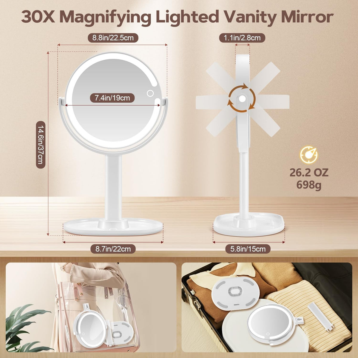 Lighted Makeup Mirror with 30X Magnification, 3 Color Modes, Adjustable Brightness