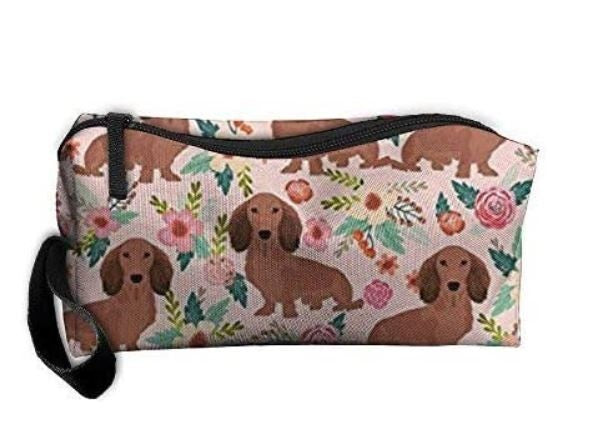 Travel Makeup Pouch with Dachshund Floral Design - Compact Cosmetic Bag