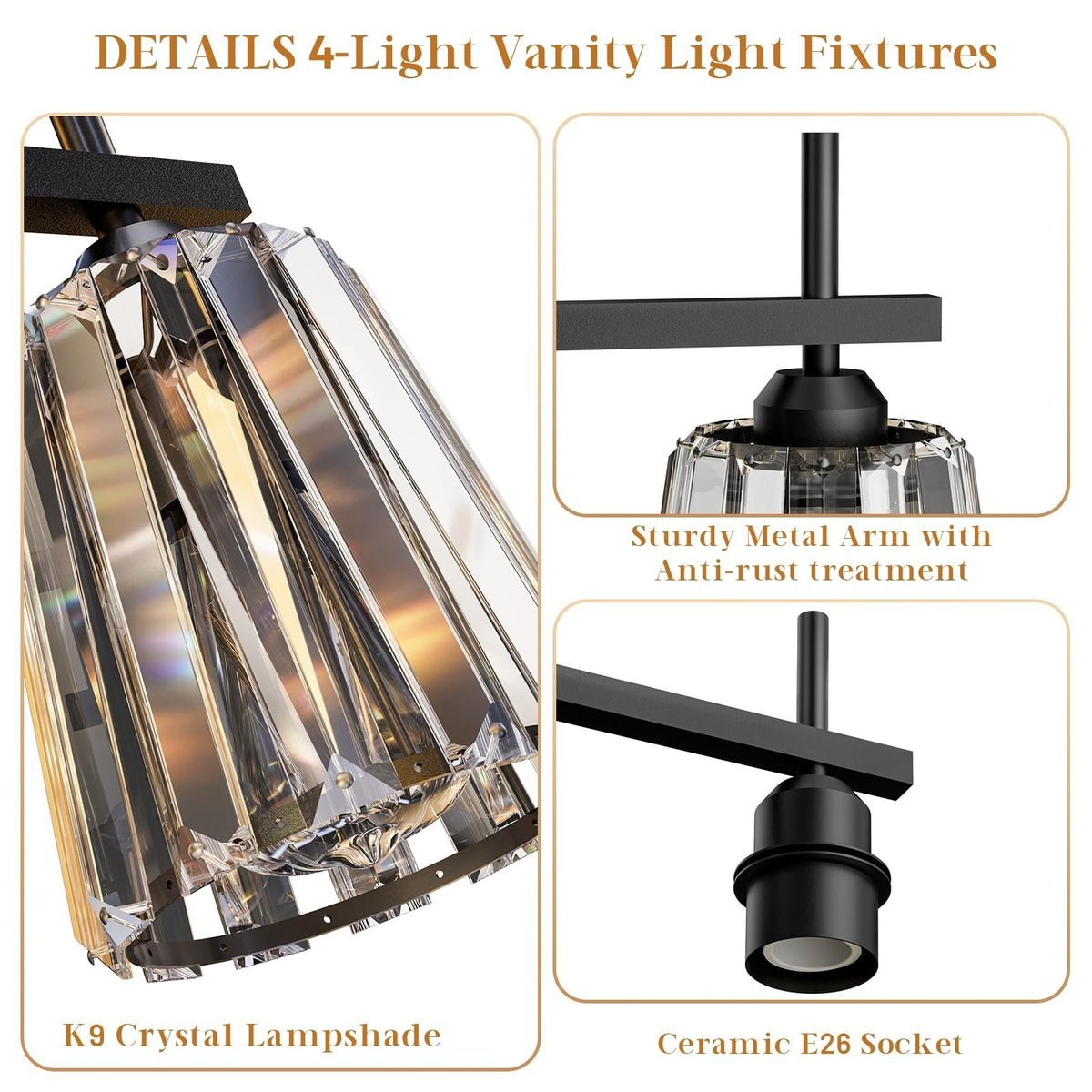 Black Crystal Bathroom Vanity Light Fixture - 4-Light Wall Sconce for Mirror