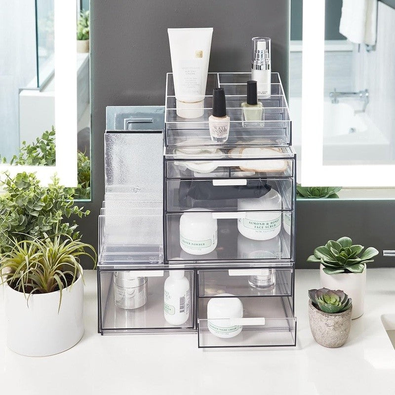 Modular Stackable Makeup Organizer with Transparent Dividers - Cosmetic Storage
