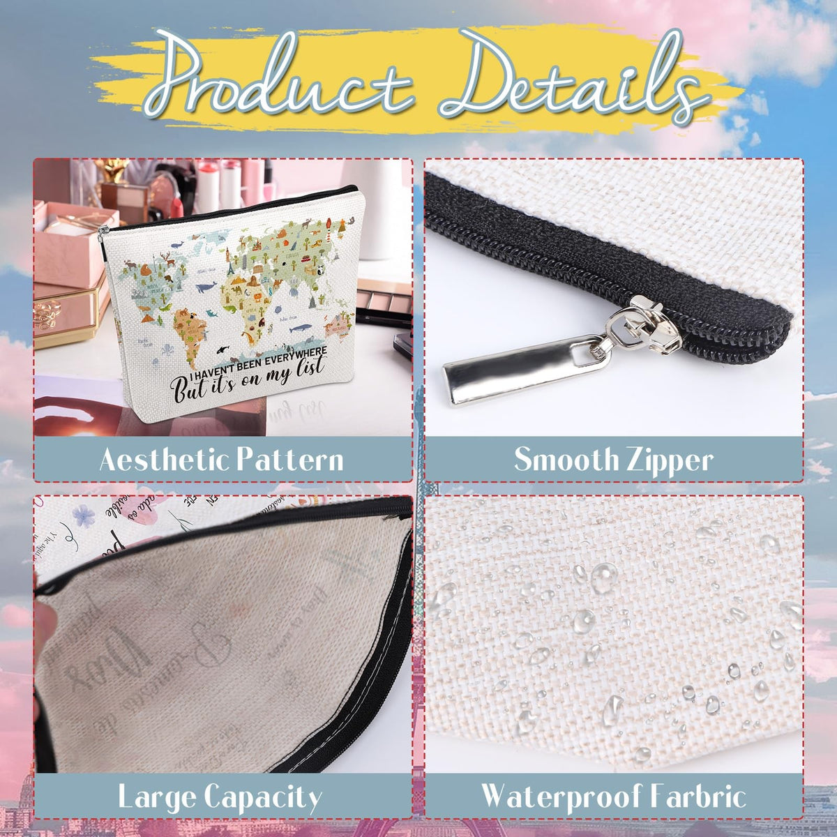 Travel Makeup Bag with Travel Map Design Waterproof Canvas Compact Organizer