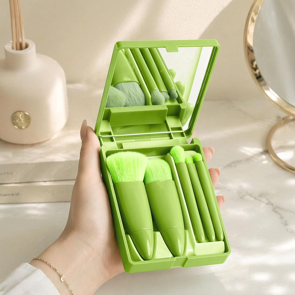 Travel Makeup Brush Set with Mirror - Portable Cosmetic Brushes Kit