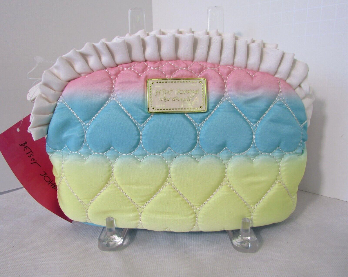 Large Rainbow Hearts Quilted Makeup Bag with Ruffle - Betsey Johnson