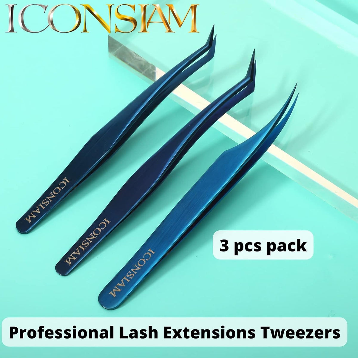 Eyelash Extensions Tweezers Set - 3 Pieces Stainless Steel with Dolphin-Shaped Applicator