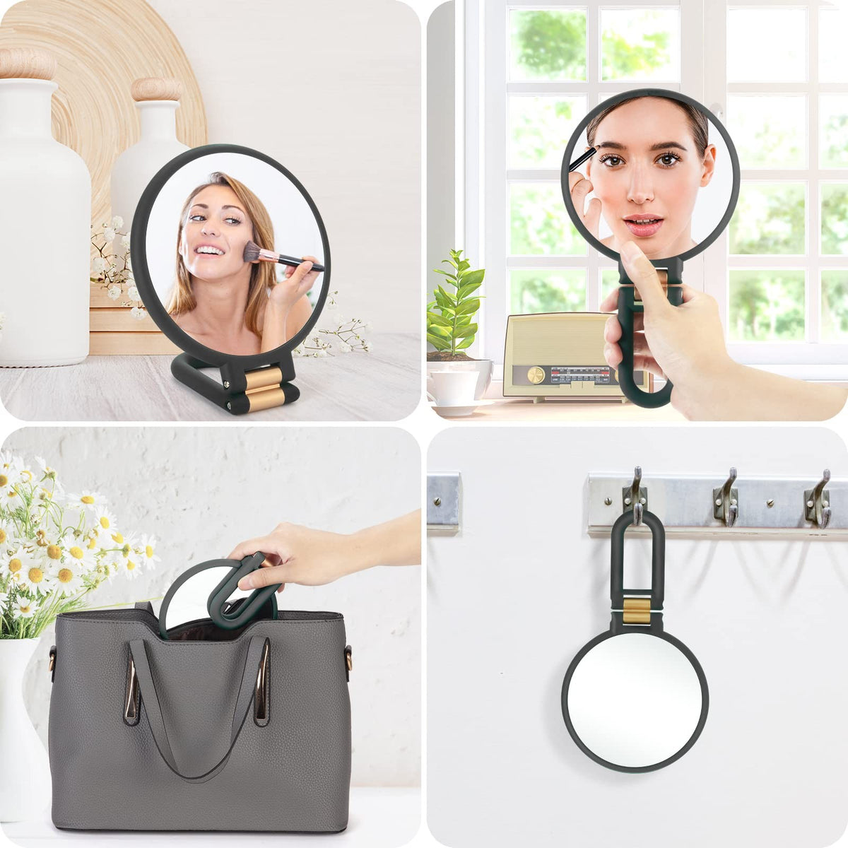 20x Magnifying Travel Handheld Mirror with Foldable Handle Black