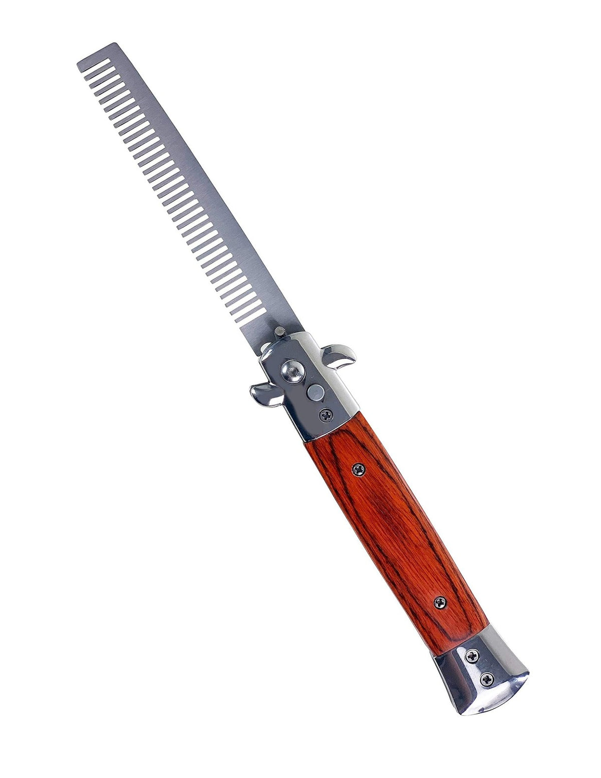 Switchblade Comb Pocket Knife Hair Brush - Automatic Folding Barber Comb in Wood Grain