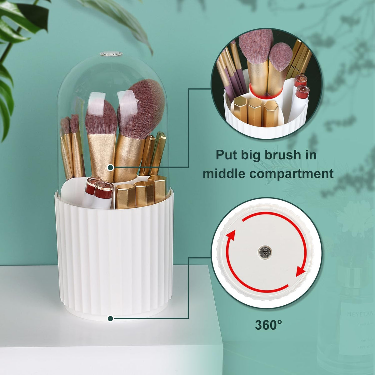 Rotatable Makeup Brush Organizer with Lid - 5 Compartments, White
