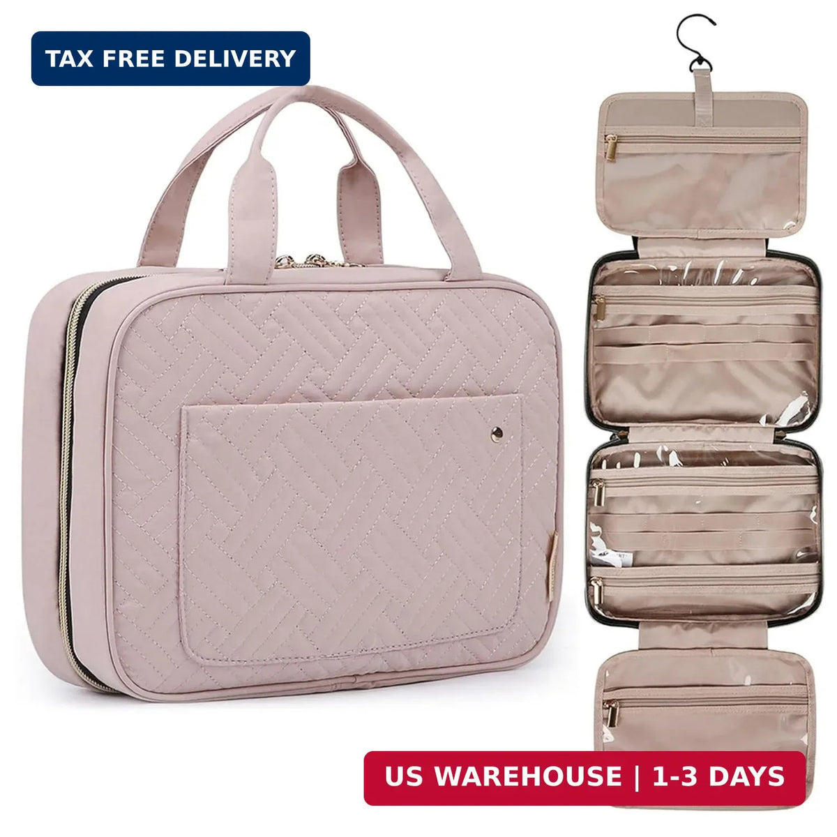 Large Water-Resistant Travel Toiletry Bag with Hanging Hook & Compartments
