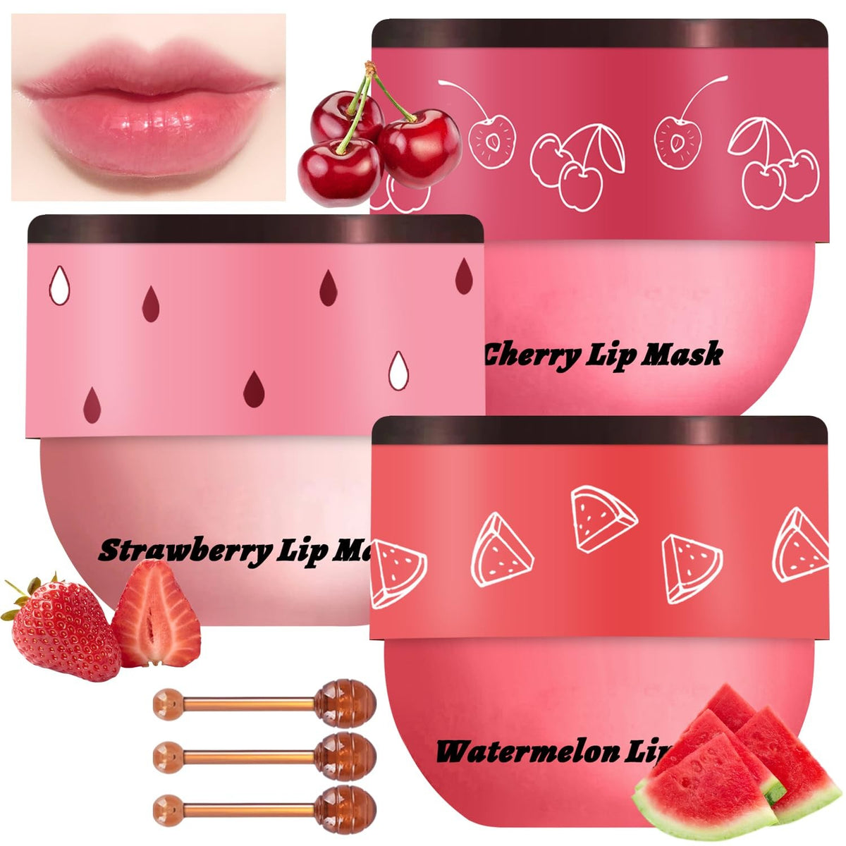 Set of 3 Honey Lip Balm Pots with Watermelon, Cherry & Strawberry Extracts – Nourishing Overnight Lip Masks