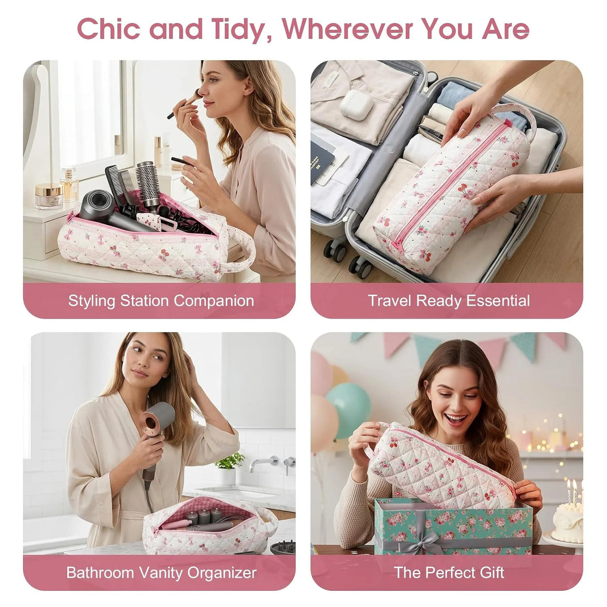 Cherry Pattern Hair Tools Organizer Bag for Travel & Styling Accessories