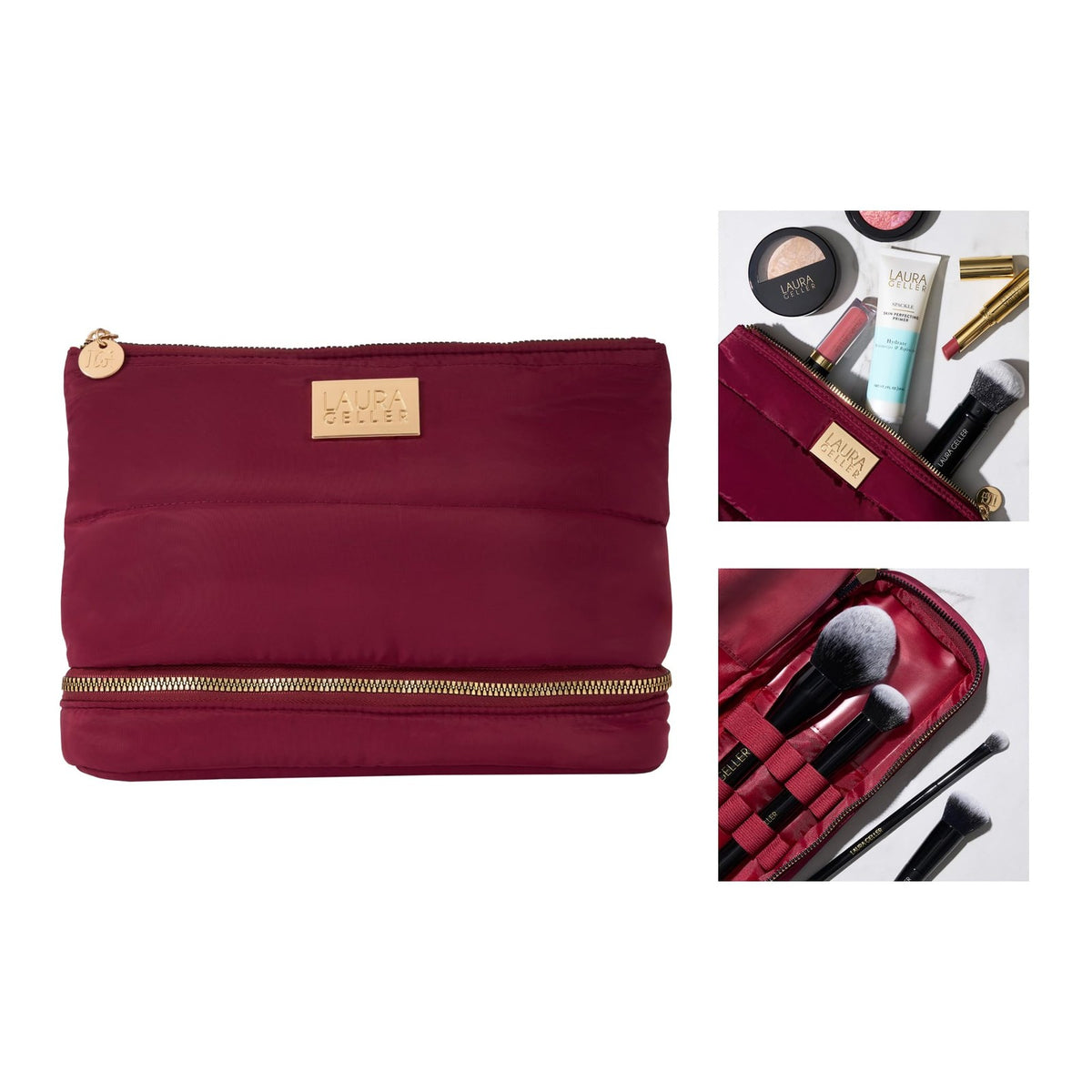 Quilted Makeup Bag with Brush Case - Burgundy Toiletry Organizer