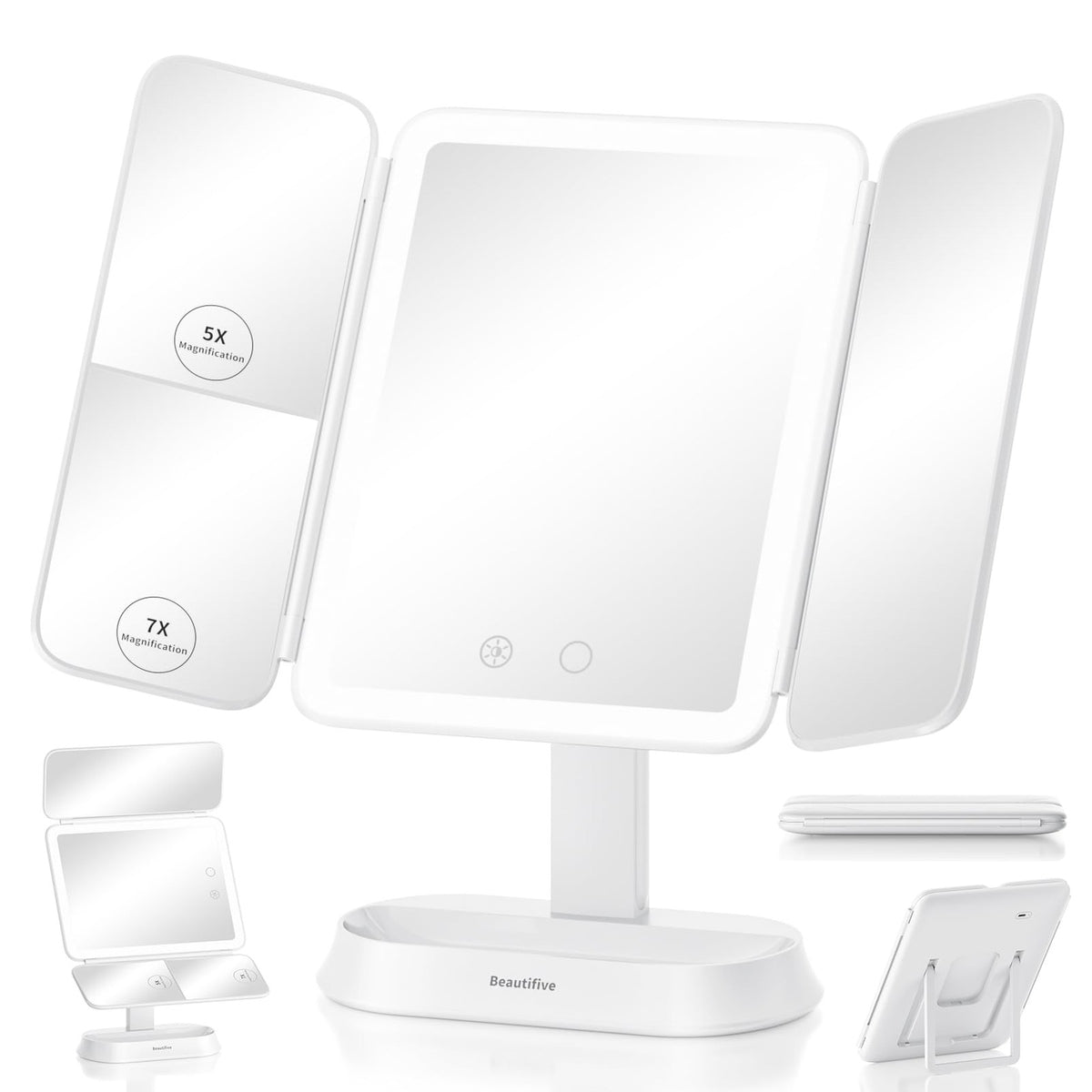 Rechargeable Lighted Makeup Mirror with 7X/5X/1X Magnification and Portable Trifold Design