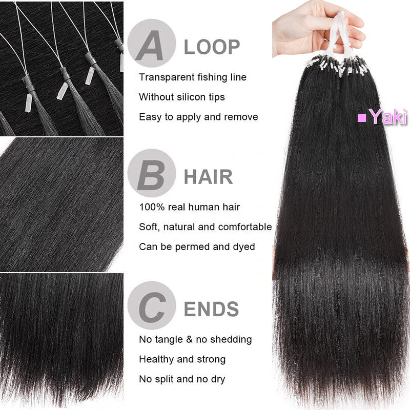 200PCS Micro Link Hair Extensions Human Hair Kinky Straight Yaki Loop Rings