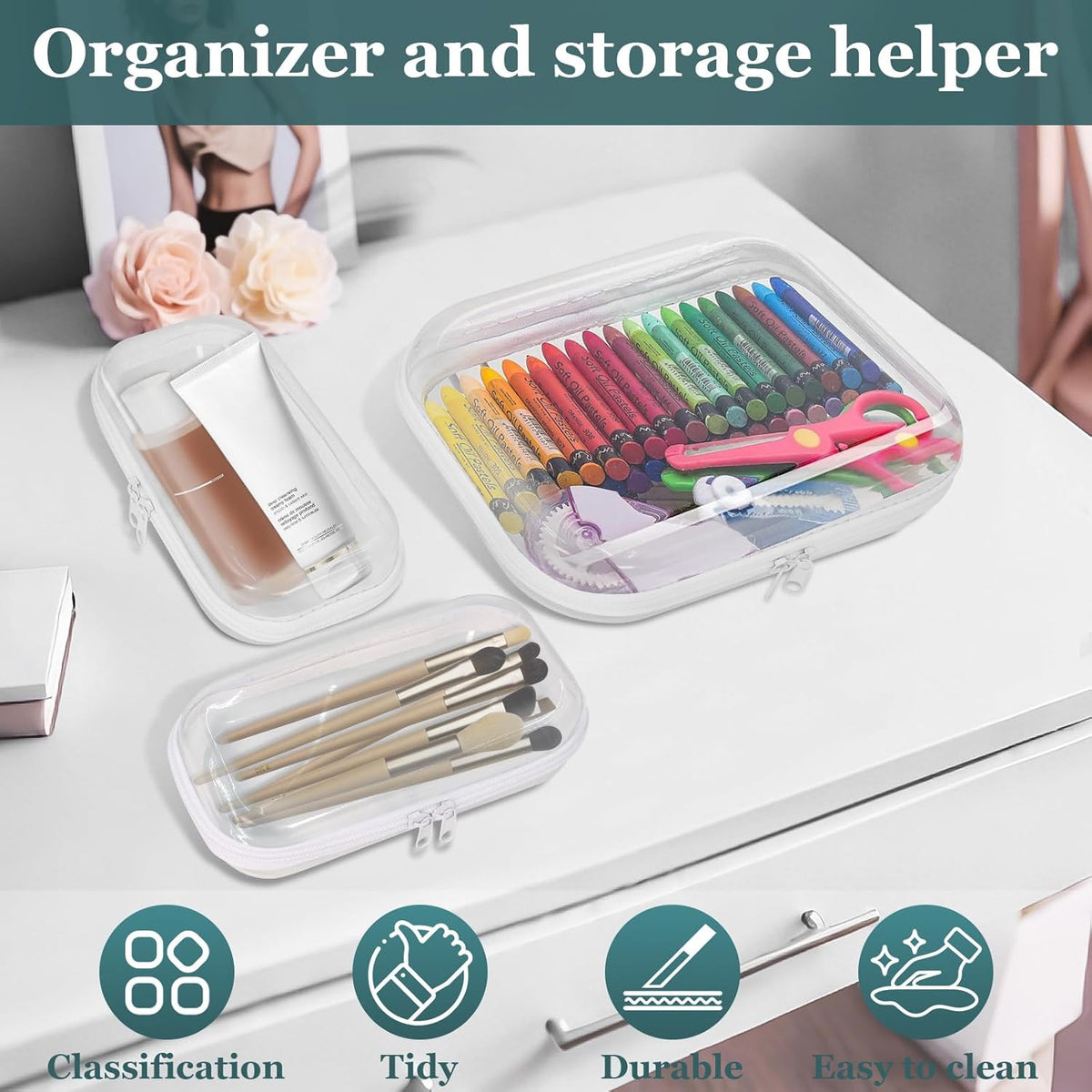 Clear Hard Shell Zipper Cases Set of 3 Waterproof Plastic Organizer Bags