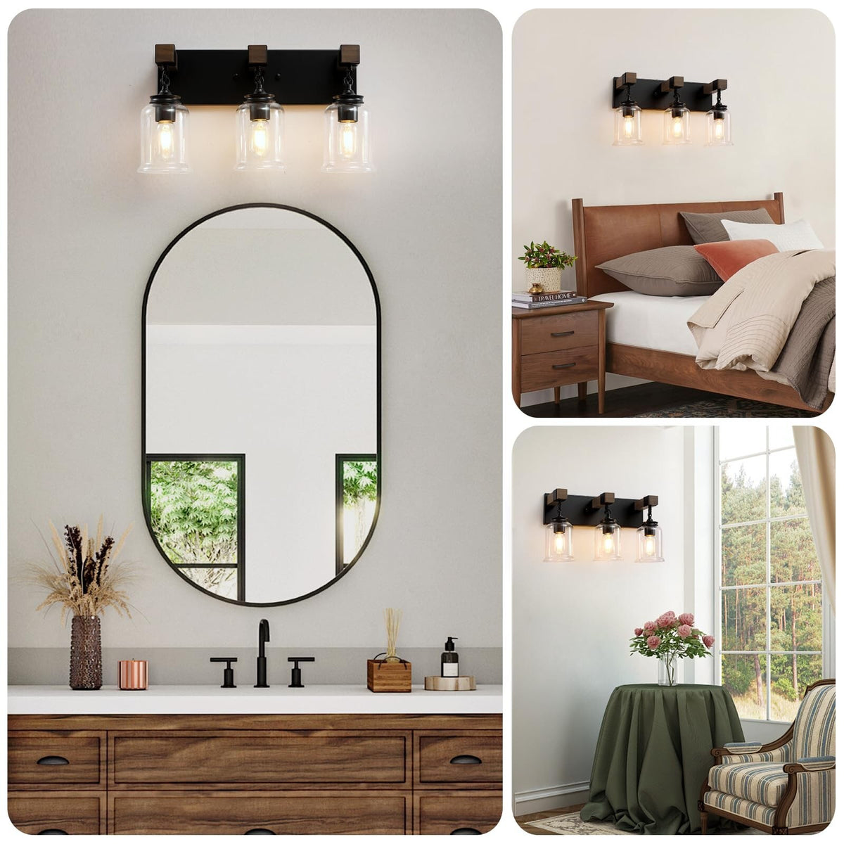 Farmhouse Bathroom Light Fixtures - 3-Light Matte Black Vanity Wall Lamp