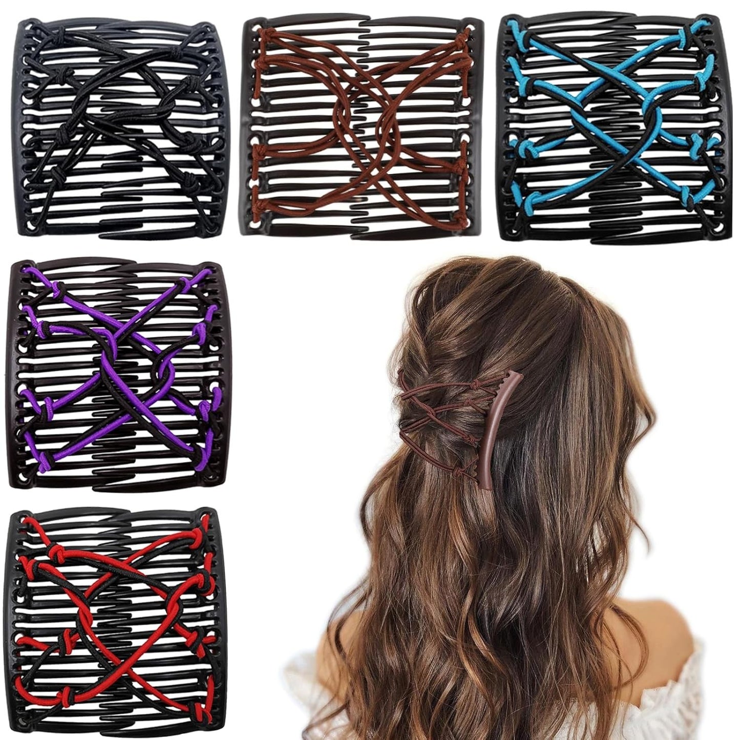 Stretchy Magic Hair Comb Set - Adjustable Elastic Hair Clips in Black, Red, Brown, Purple, Blue
