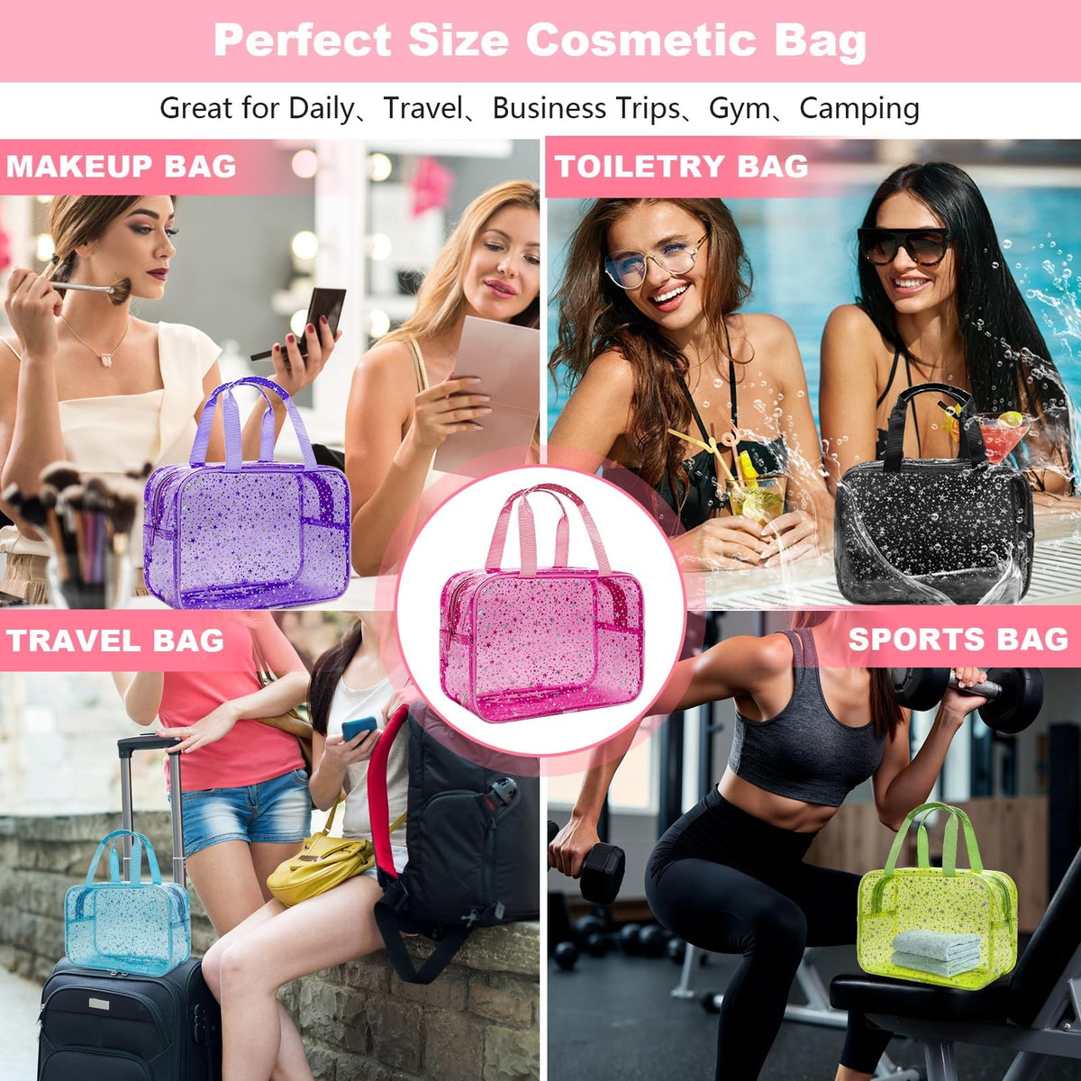 Large Clear Red Star Makeup Bag - Travel Cosmetic Organizer with Handle