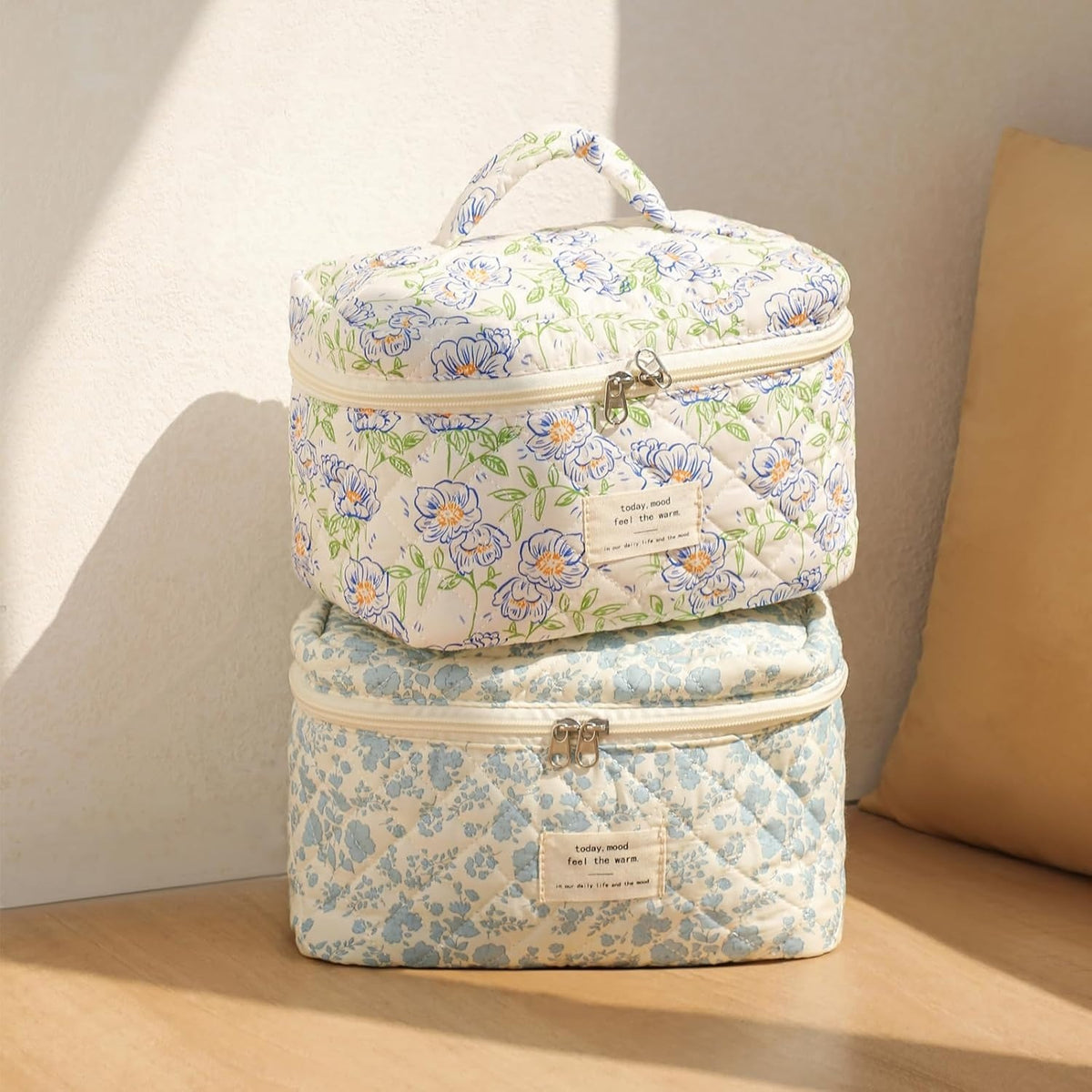 Large Floral Quilted Makeup Bag for Women, Travel Cosmetic Organizer