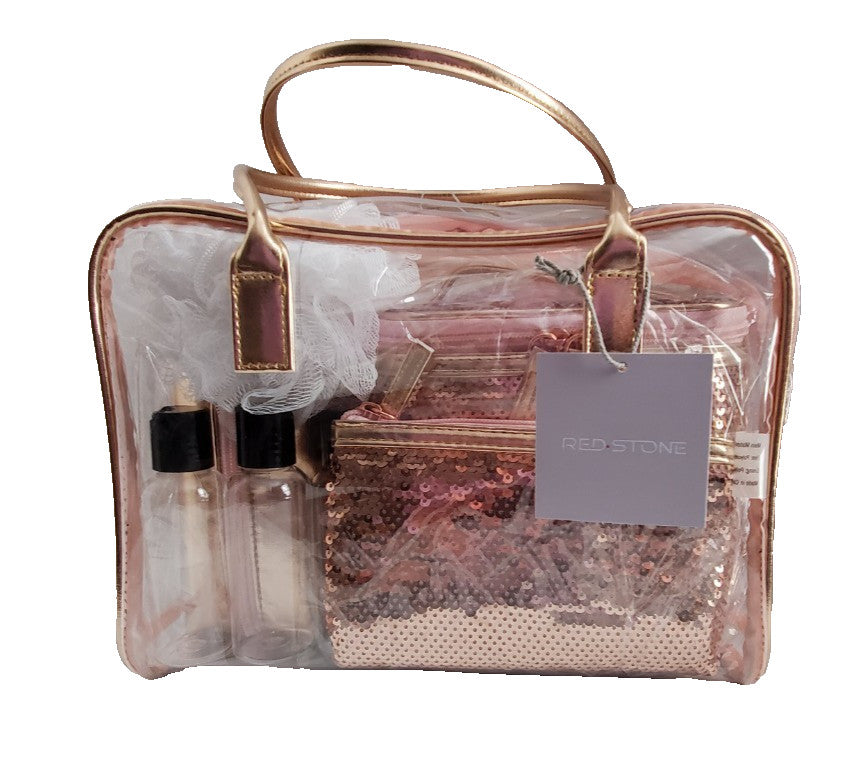 Pink Sequin Weekender Set with Red Stones - 8 Piece Cosmetic Bag Organizer