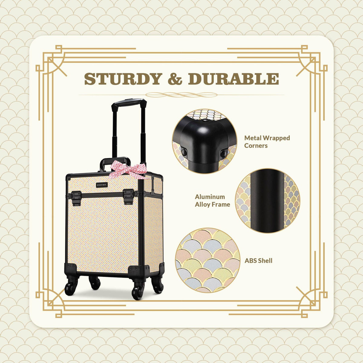 Rolling Makeup Train Case on Wheels - Art Deco Cosmetic Trolley with Extendable Trays
