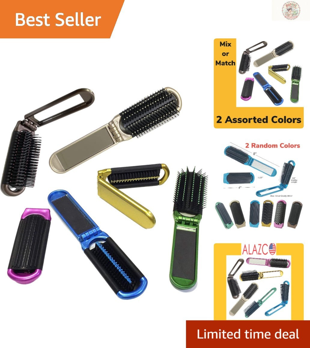 Portable Folding Hair Brush with Mirror - 2 Colors for Travel & Touch-Ups