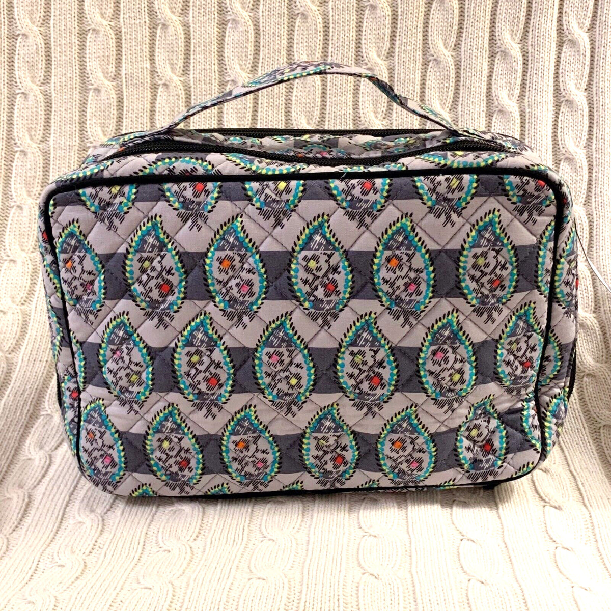 Large Travel Makeup Case with Brush Slots - Paisley Stripes Pattern