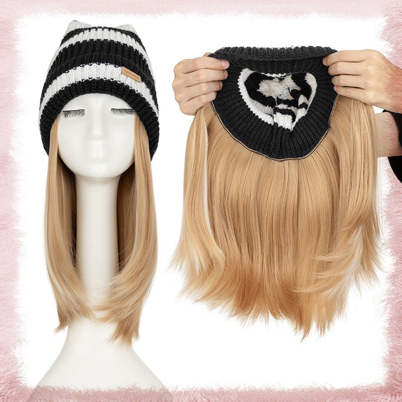 Women Knitted Wavy Wig Winter Beanie Hat - Long Curly Synthetic Hair