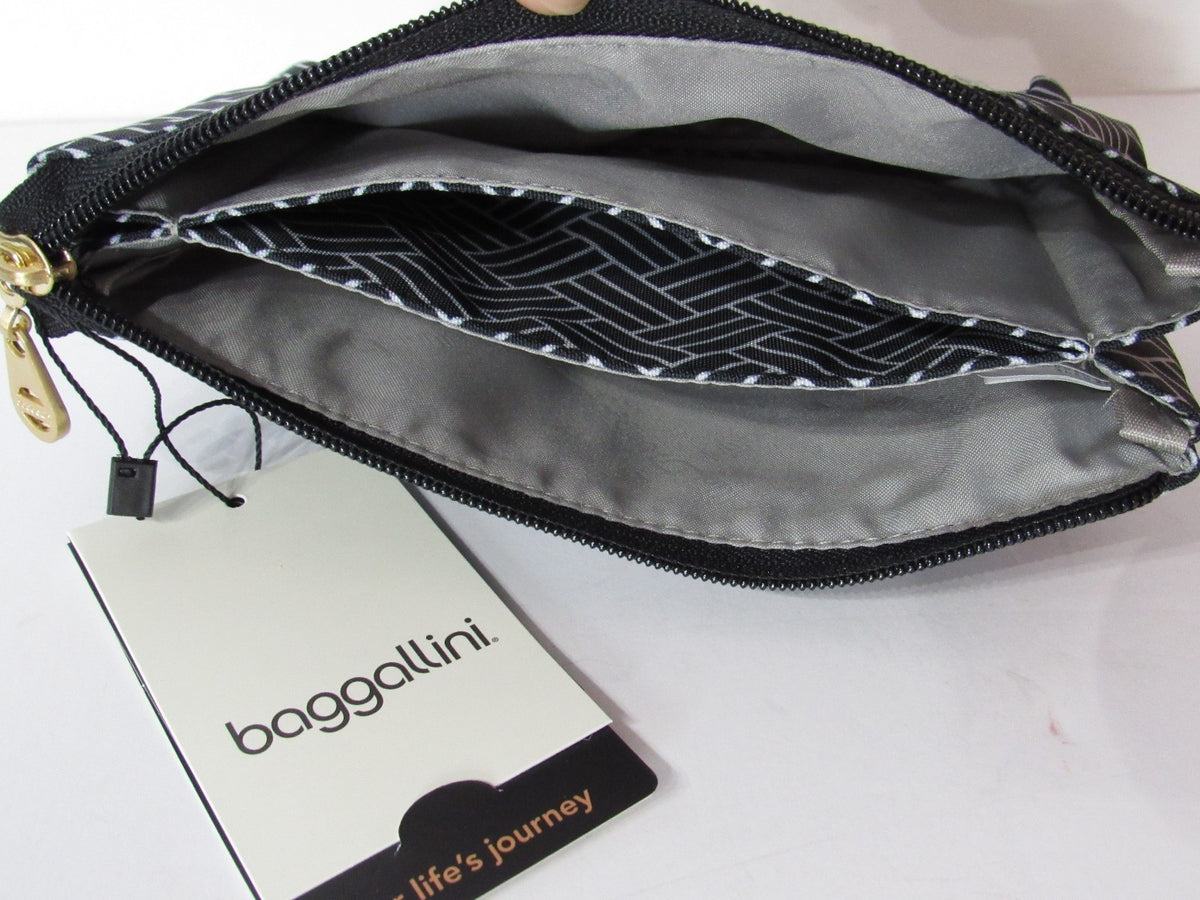 Cosmetic Bag with Multiple Compartments - Gold-Tone Hardware, Black Basket Print