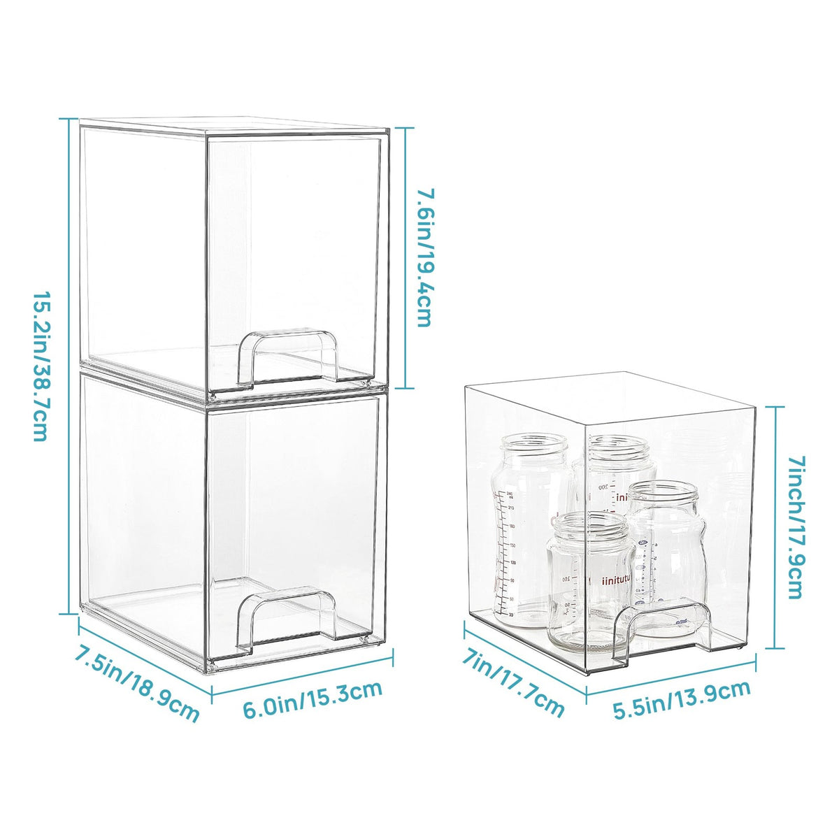 7.6-Inch Clear Stackable Storage Drawers for Skincare & Cosmetics - 4 Pack