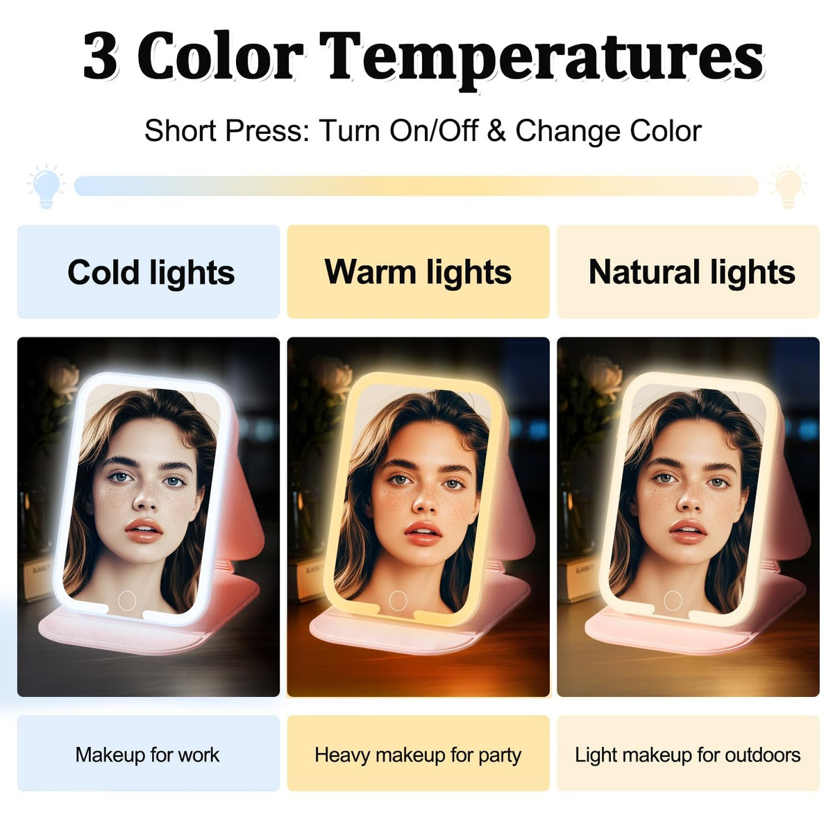 Rechargeable LED Travel Mirror with 3 Light Colors & Dimmable Brightness - Pink