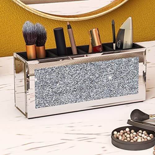 4 Slot Mirrored Makeup Brush Organizer Glass Storage Case with Crystals