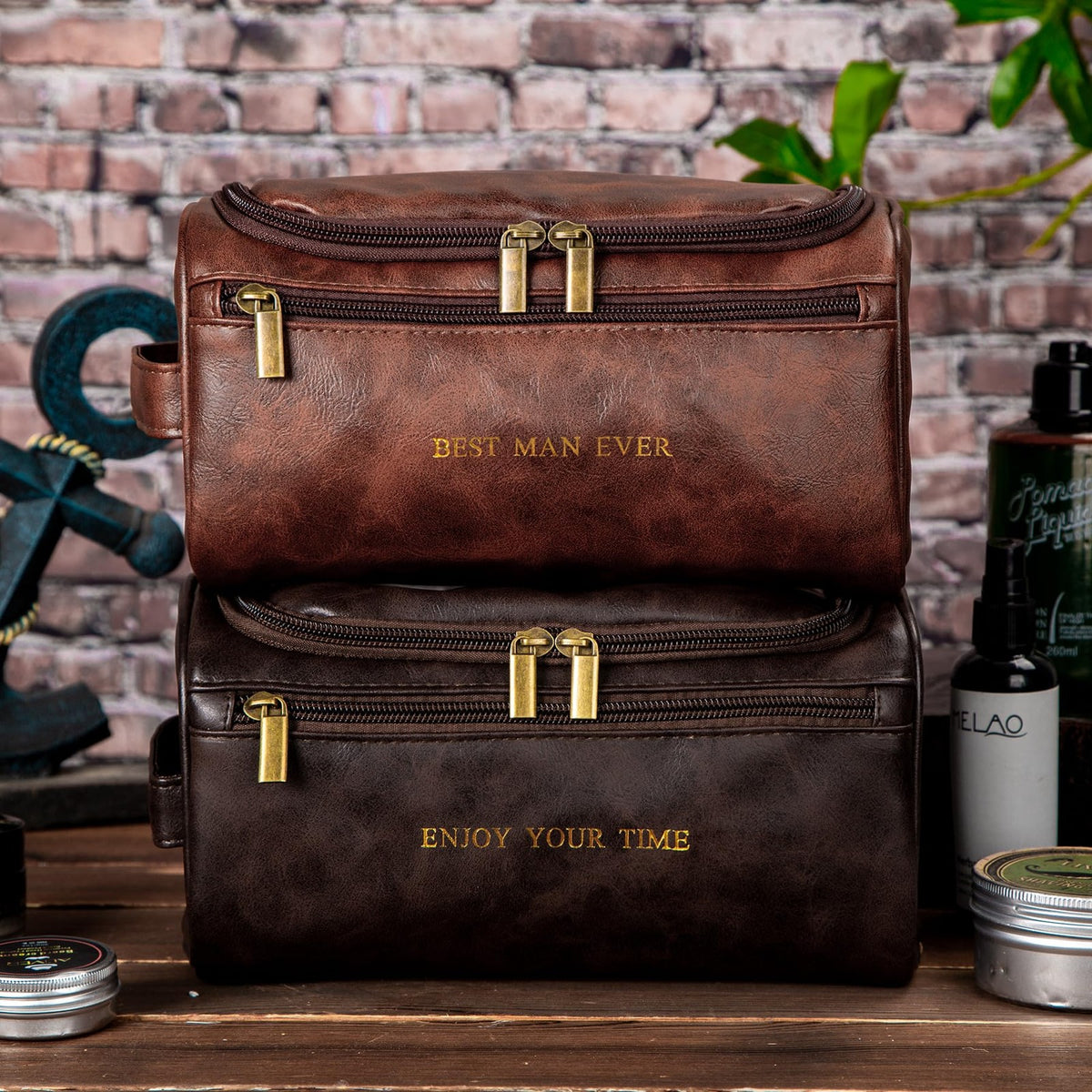 Men's Leather Travel Toiletry Bag Organizer with Hanging Waterproof Design