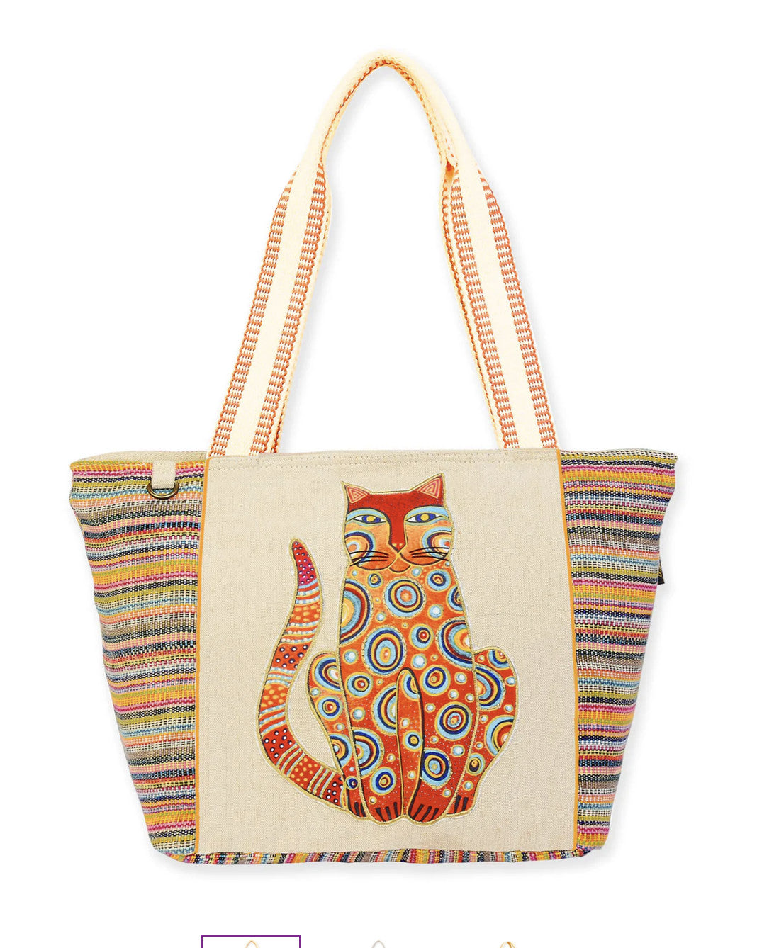 Rainbow Stripes Canvas Shoulder Tote Bag with Cat Applique - 17 Inch