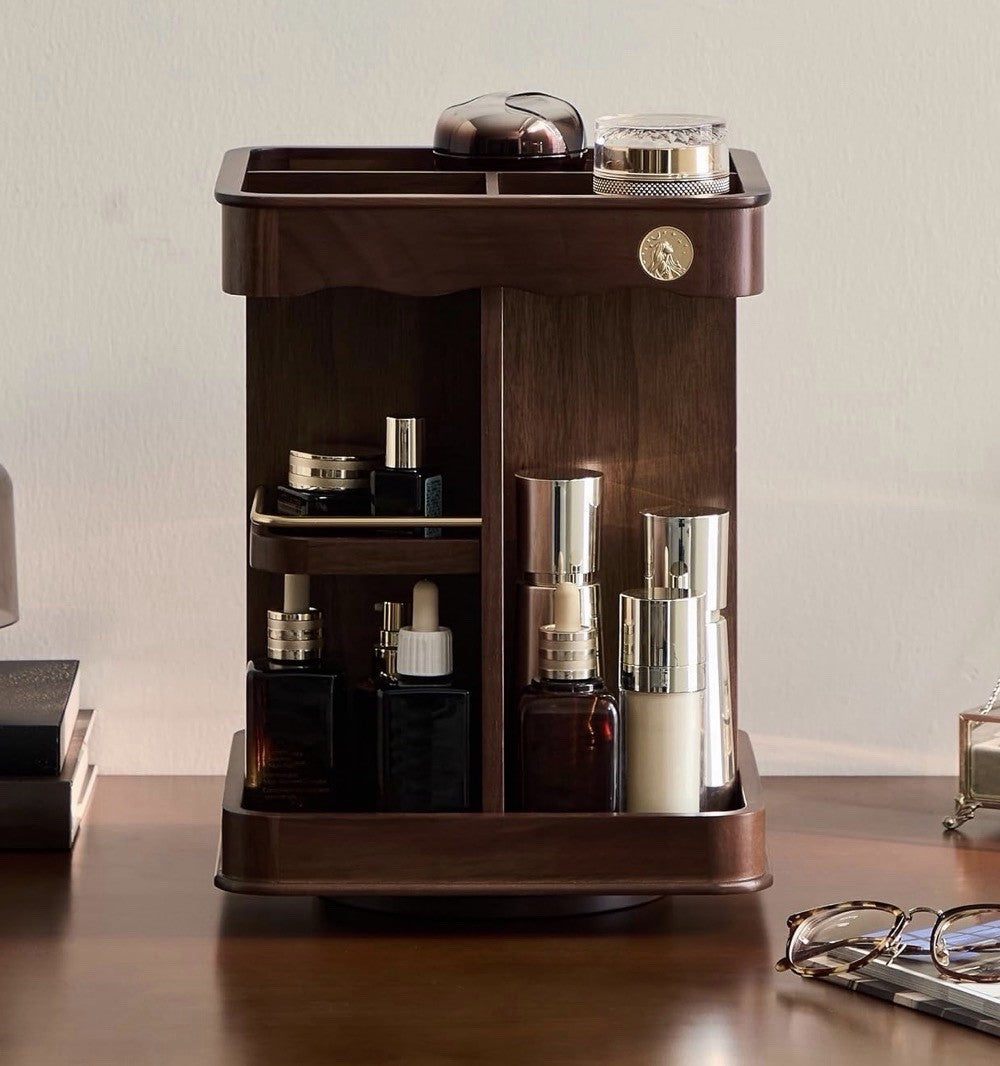 Wooden Rotating Cosmetic Organizer with Velvet Lining and Gold Accents