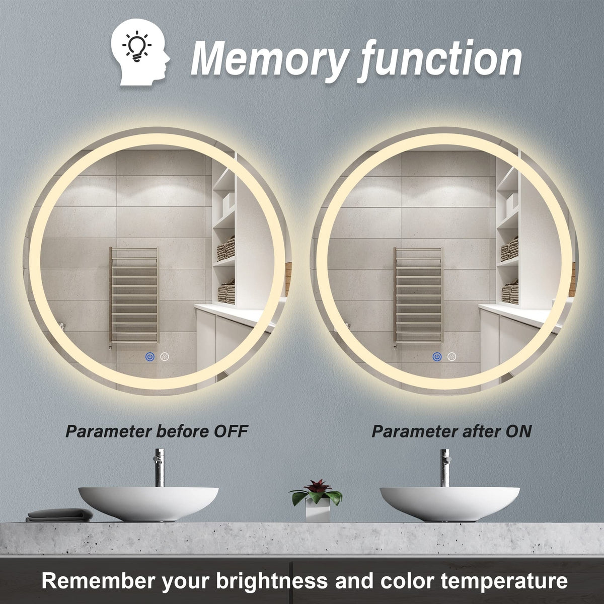 24-Inch LED Bathroom Mirror with Anti-Fog, Dimmable, 3 Color Temp, Memory