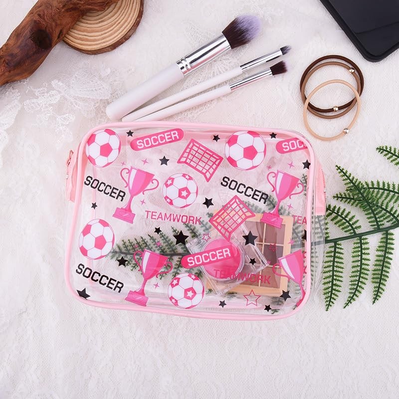 Soccer Clear Makeup Bag with Zipper - Pink Sports Cosmetic Organizer