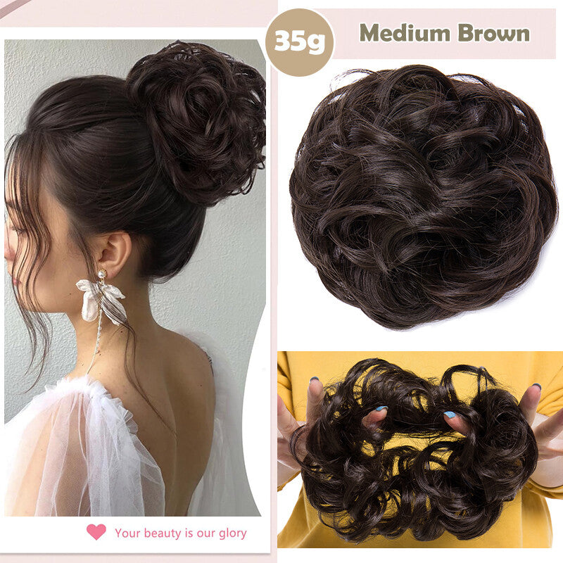 Natural Human Hair Messy Bun Ponytail Extensions with Curly Scrunchie Updo