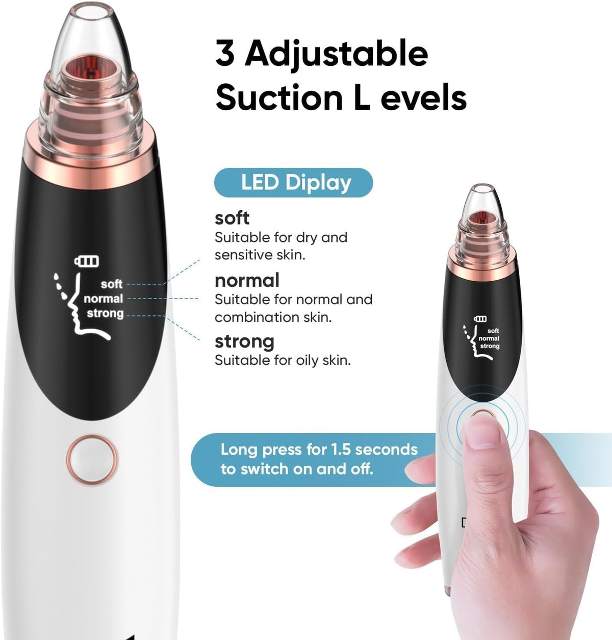 Blackhead Remover Vacuum Pore Cleaner with 3 Suction Levels & 5 Tips