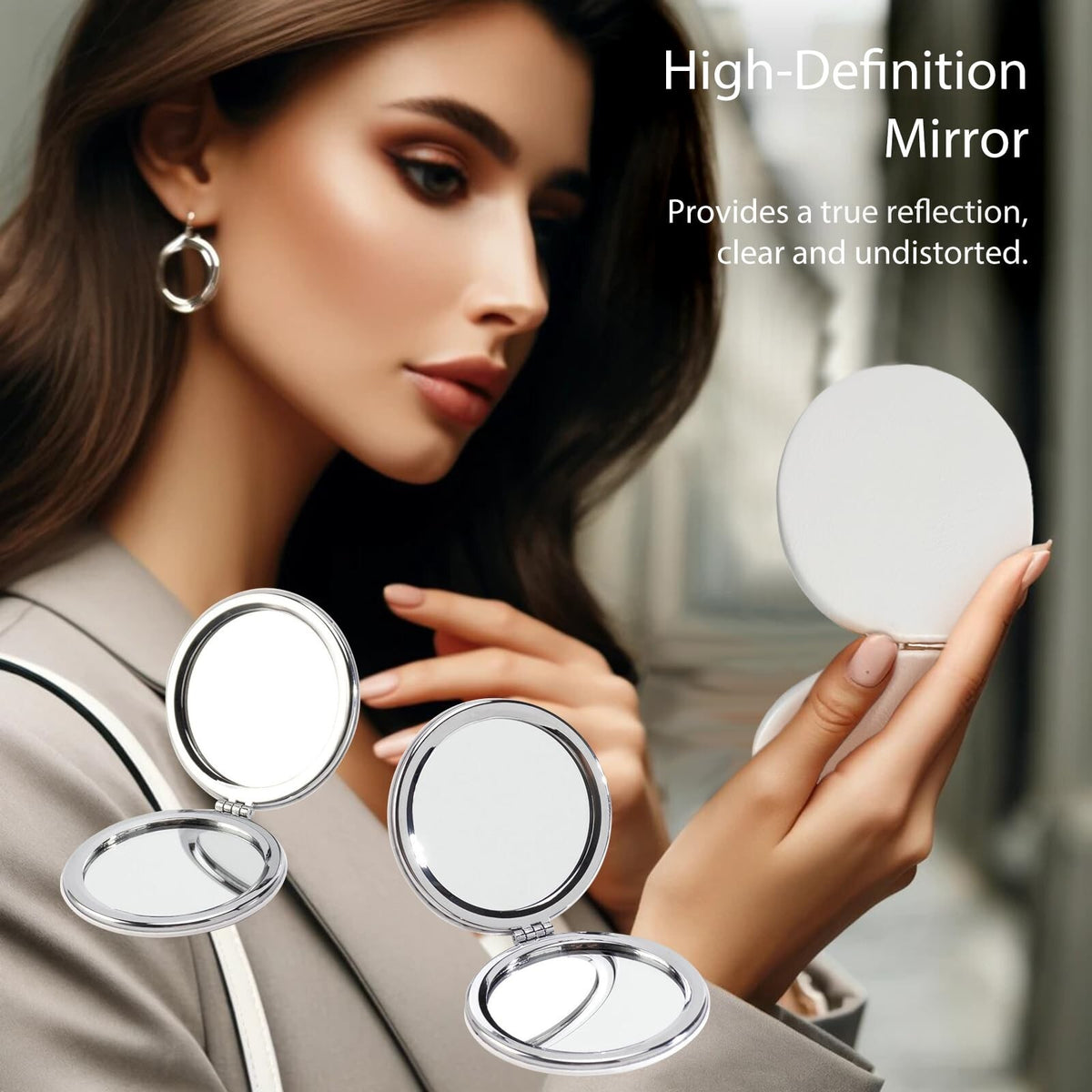 Double-Sided Compact Mirror with PU Leather Cover - 1X/2X Magnification, 2 Pack