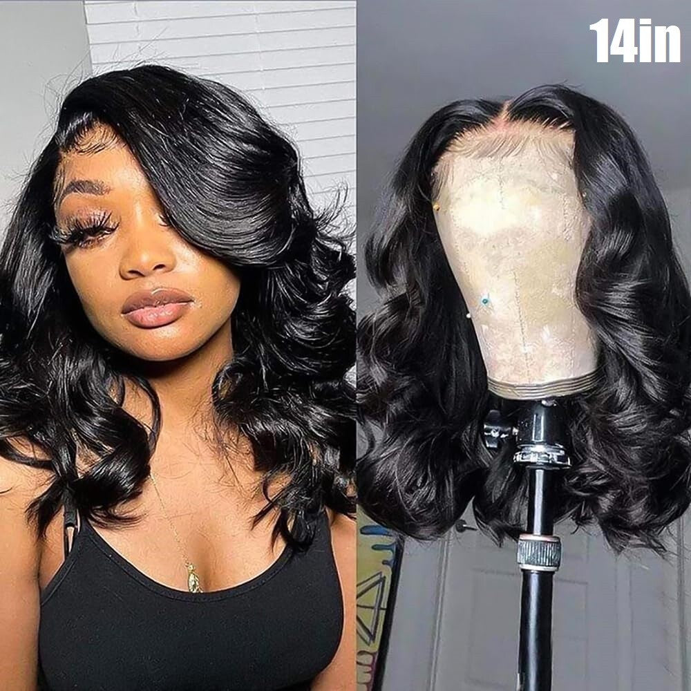 14-Inch Human Hair Bob Wigs for Women, Natural Black, Lace Front, Glueless