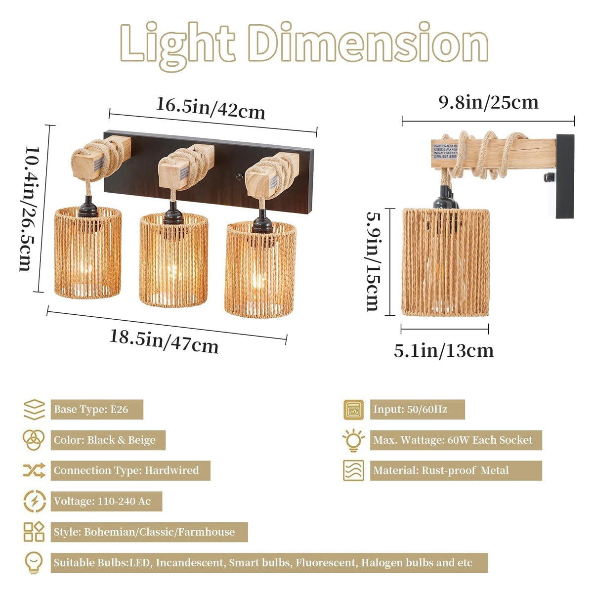 3-Light Bathroom Vanity Light Fixture - Boho Rattan Wall Sconce, Farmhouse Style