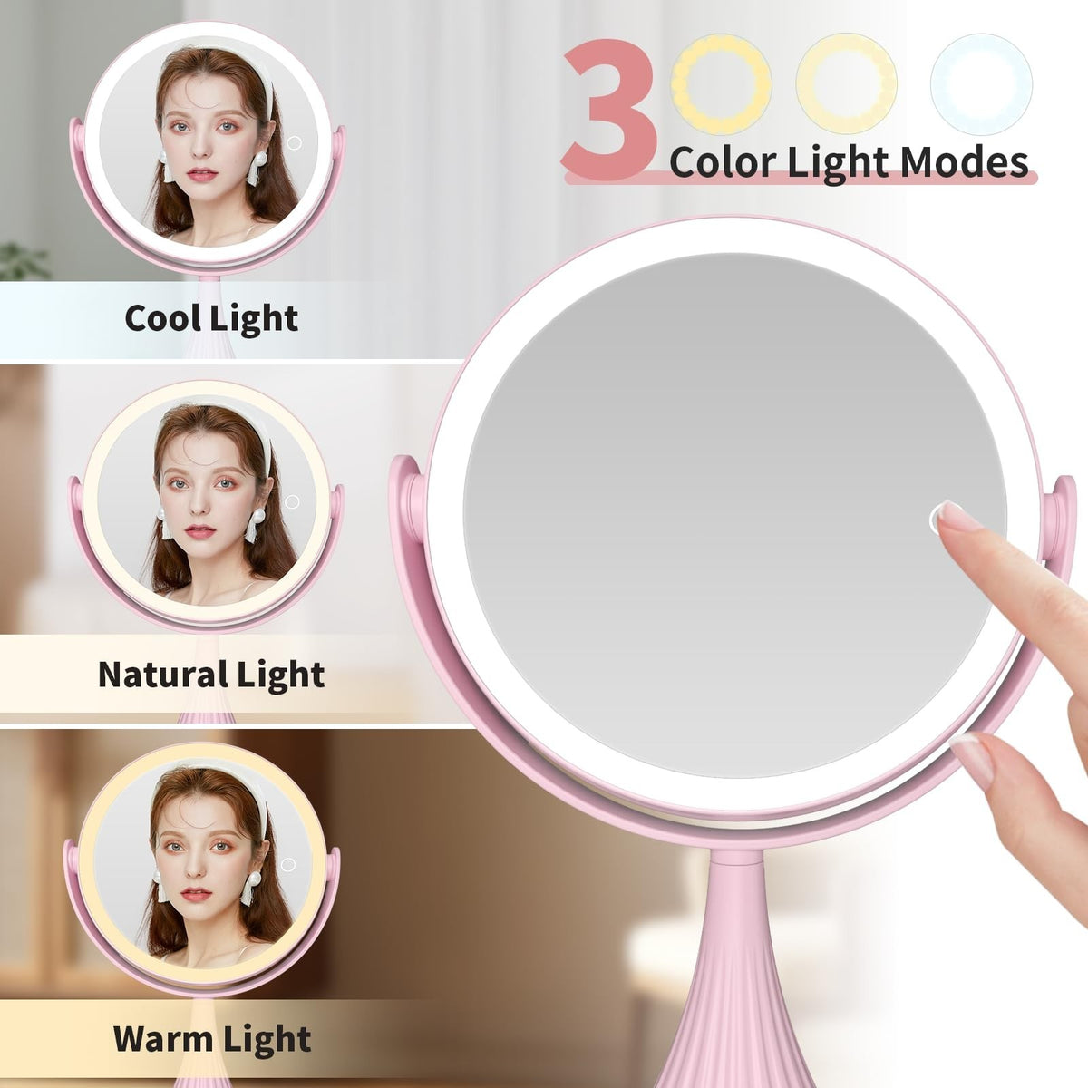 Lighted Makeup Mirror with 10X Magnification, LED Vanity Mirror for Desk, 360° Rotatable, Dimmable & Color Changing - Pink