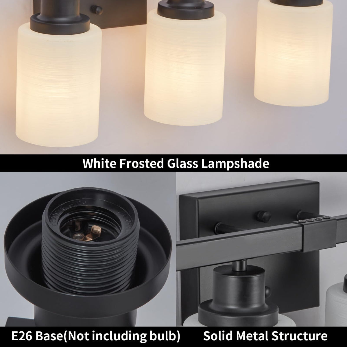 4-Light Matte Black Bathroom Vanity Light with White Glass Shades